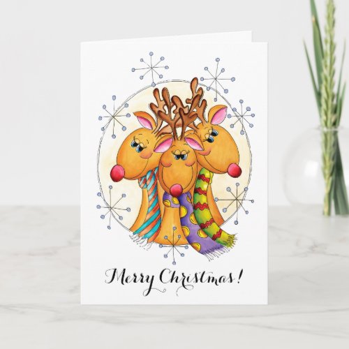 Cute Christmas Reindeer Wearing Scarves with Stars Holiday Card