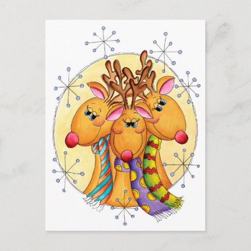 Cute Christmas Reindeer Wearing Scarves with Stars Holiday Postcard