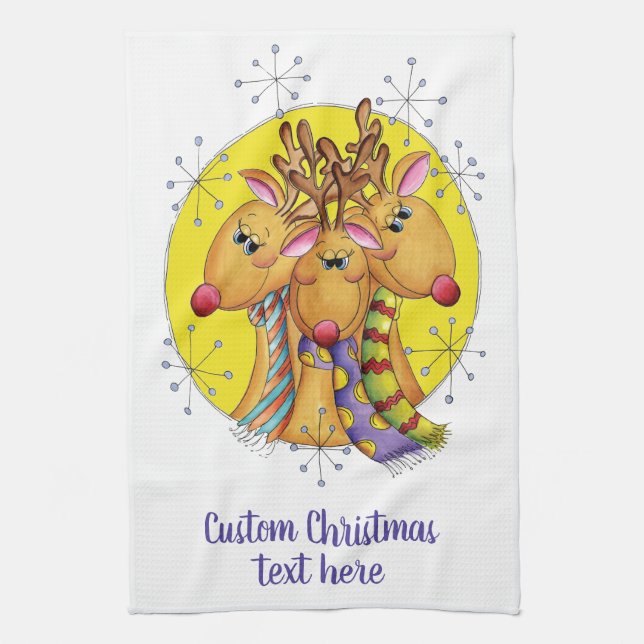 Cute Christmas Reindeer Wearing Scarves with Stars Kitchen Towel (Vertical)