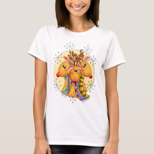 Cute Christmas Reindeer Wearing Scarves with Stars T_Shirt