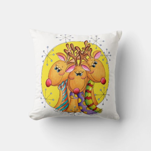 Cute Christmas Reindeer Wearing Scarves with Stars Throw Pillow