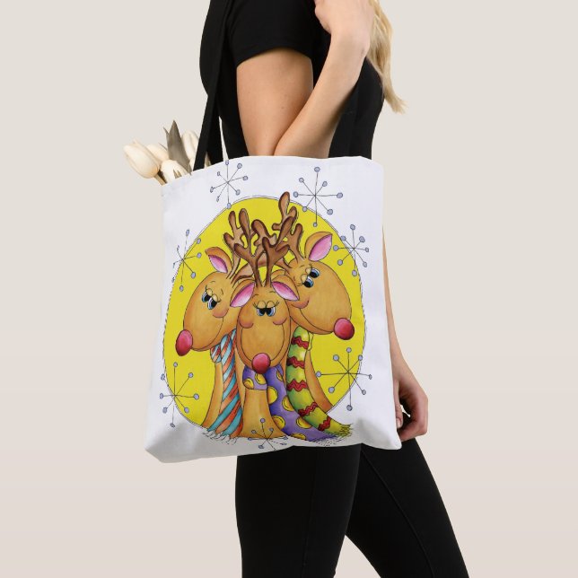 Cute Christmas Reindeer Wearing Scarves with Stars Tote Bag (Close Up)