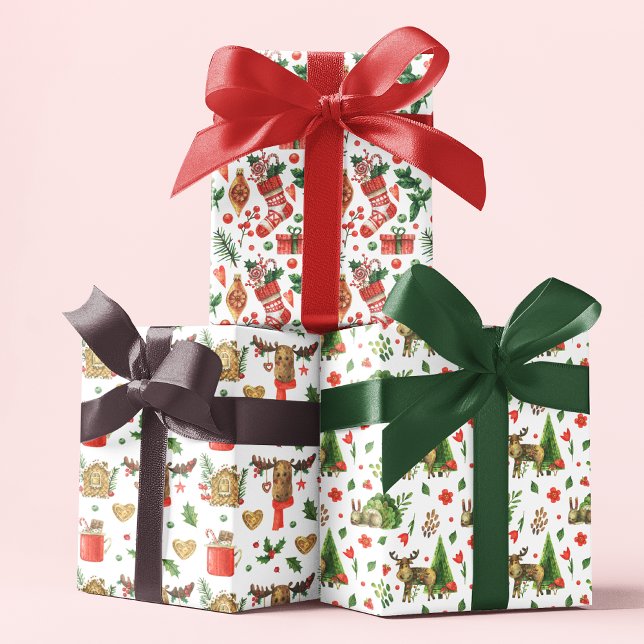 Cute Christmas Reindeer Winter Watercolor Patterns Wrapping Paper Sheets (Creator Uploaded)