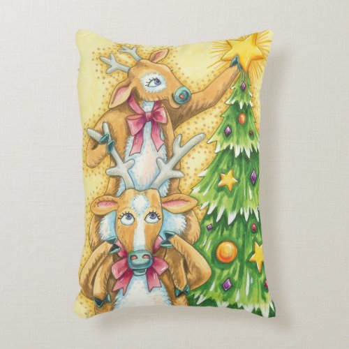 Cute Christmas Reindeer With Christmas Tree Star Accent Pillow