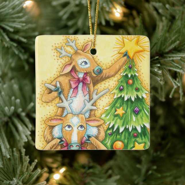 Cute Christmas Reindeer With Christmas Tree Star Ceramic Ornament (Tree)