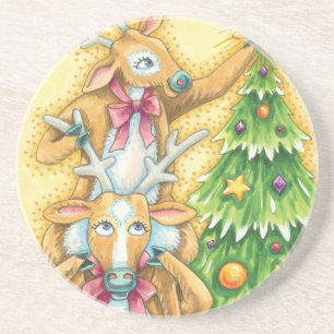 Cute Christmas Reindeer With Christmas Tree Star Drink Coaster