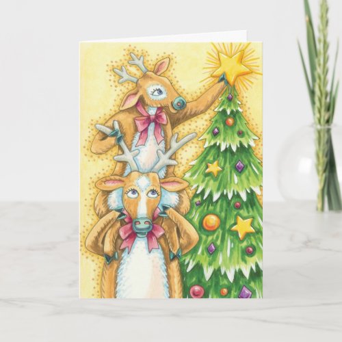 Cute Christmas Reindeer With Christmas Tree Star Holiday Card