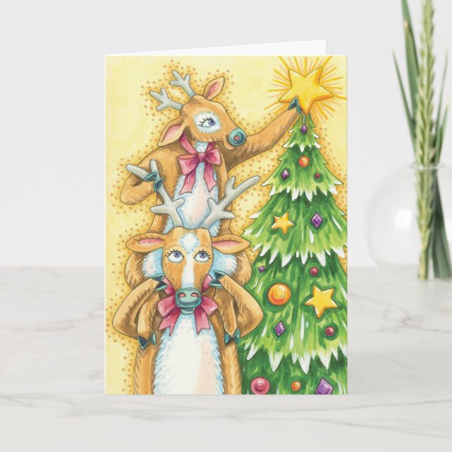 Cute Christmas Reindeer With Christmas Tree Star Holiday Card (Front)