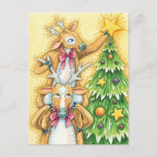 Cute Christmas Reindeer With Christmas Tree Star Holiday Postcard