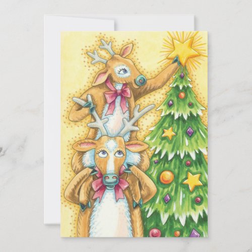 Cute Christmas Reindeer With Christmas Tree Star Invitation