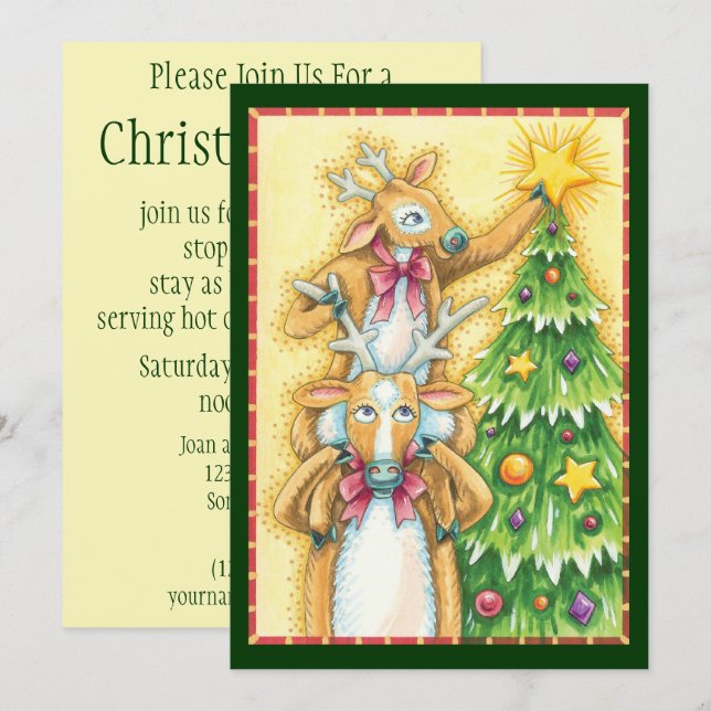 Cute Christmas Reindeer With Christmas Tree Star Invitation (Front/Back)