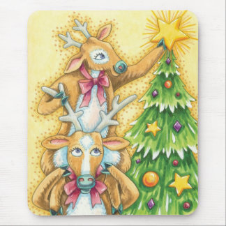 Cute Christmas Reindeer With Christmas Tree Star Mouse Pad