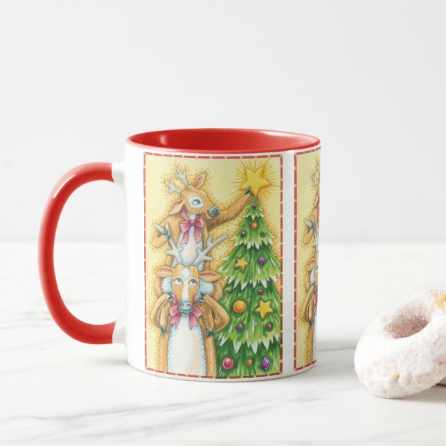 Cute Christmas Reindeer With Christmas Tree Star Mug (With Donut)