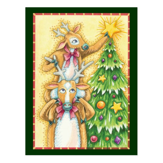 Cute Christmas Reindeer With Christmas Tree Star Postcard