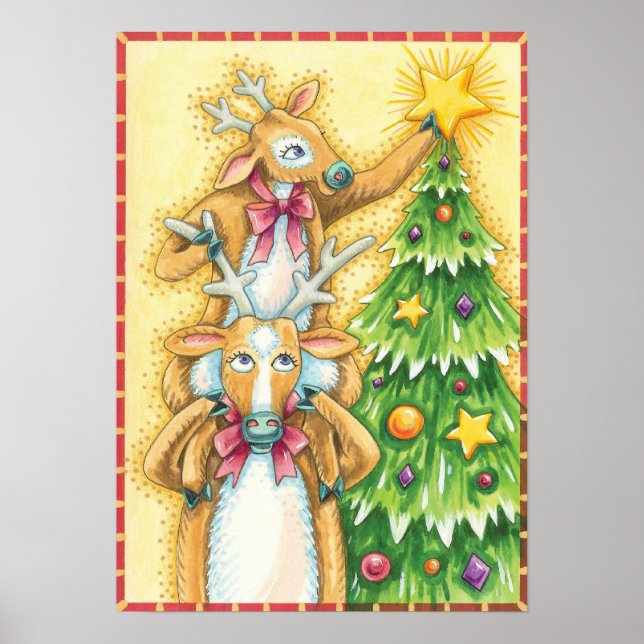 Cute Christmas Reindeer With Christmas Tree Star Poster (Front)