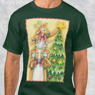 Cute Christmas Reindeer With Christmas Tree Star T-Shirt