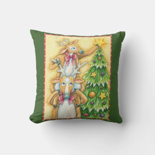 Cute Christmas Reindeer With Christmas Tree Star Throw Pillow