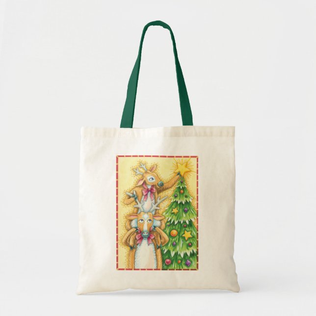 Cute Christmas Reindeer With Christmas Tree Star Tote Bag (Front)
