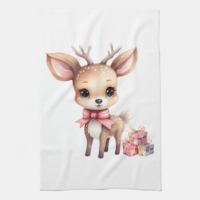 Cute Christmas Reindeer with Holiday Gifts Kitchen Towel (Vertical)