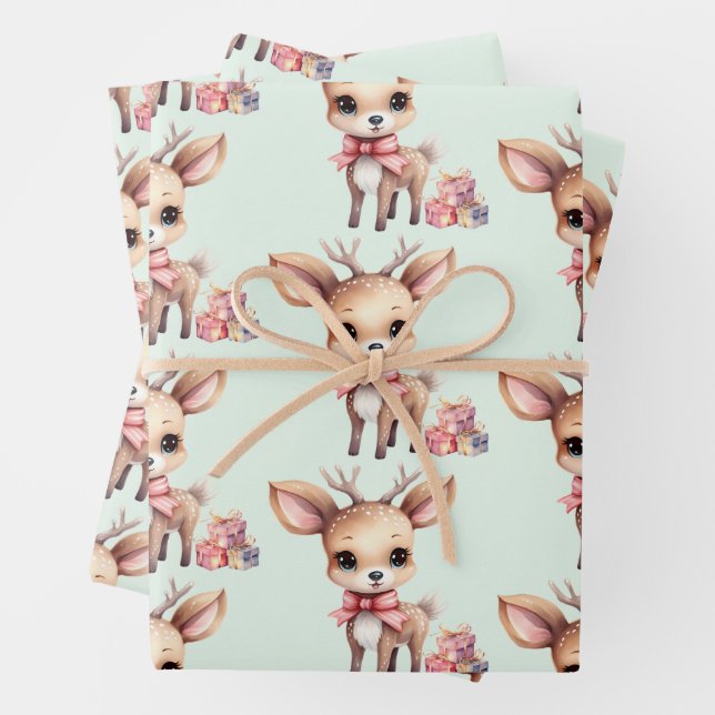 Cute Christmas Reindeer with Holiday Gifts Pattern Wrapping Paper Sheets (In situ)