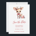 Cute Christmas Reindeer with Holiday Gifts Save The Date<br><div class="desc">Save the date card with an illustration of an adorable baby deer. Big eyes big ears with a large head and little brown antlers. Wearing a big red bow. Standing beside a stack of gifts.</div>