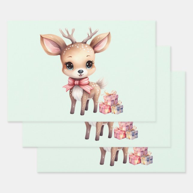 Cute Christmas Reindeer with Holiday Gifts Wrapping Paper Sheets (Set)