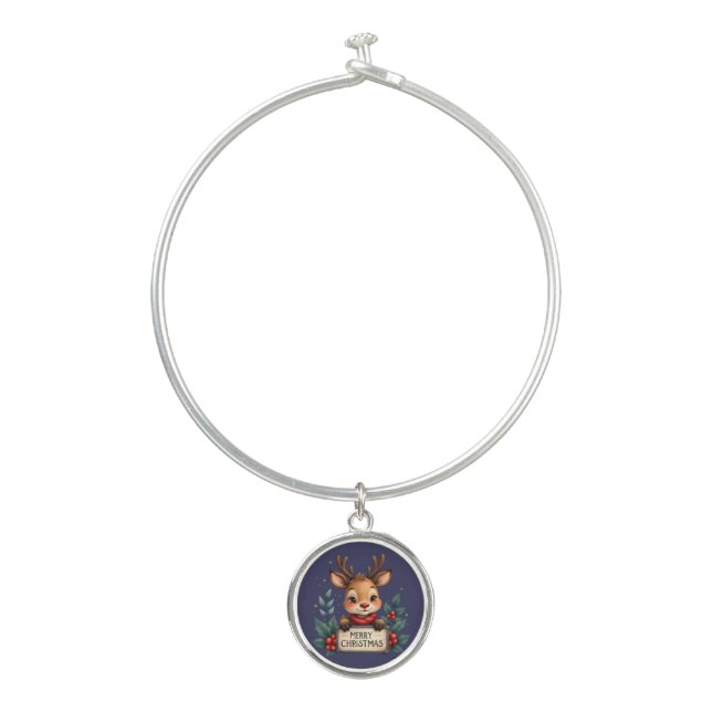 Cute Christmas Reindeer with Holly and Sign Bangle Bracelet (Front)