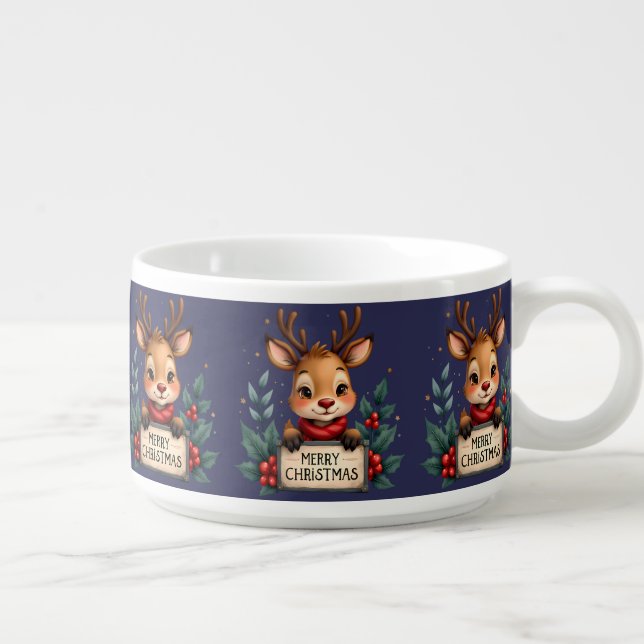 Cute Christmas Reindeer with Holly and Sign Bowl (Left)