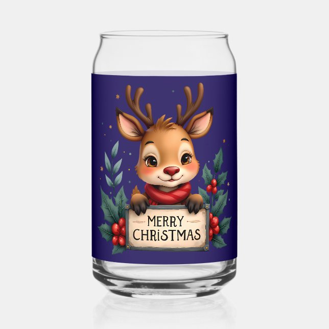 Cute Christmas Reindeer with Holly and Sign Can Glass (Front)