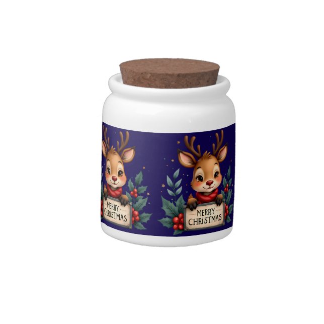 Cute Christmas Reindeer with Holly and Sign Candy Jar (Left)