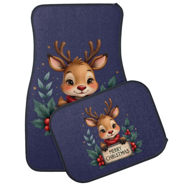 Cute Christmas Reindeer with Holly and Sign Car Floor Mat (Set)