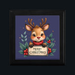 Cute Christmas Reindeer with Holly and Sign Gift Box<br><div class="desc">Celebrate the season with this adorable Christmas reindeer illustration, featuring a wide-eyed, smiling reindeer peeking over a festive “Merry Christmas” sign. Wrapped in a cozy red scarf and framed by lush holly leaves, bright red berries, and scattered golden stars, this whimsical design captures the warmth and magic of holiday cheer....</div>