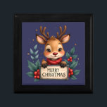 Cute Christmas Reindeer with Holly and Sign Gift Box<br><div class="desc">Celebrate the season with this adorable Christmas reindeer illustration, featuring a wide-eyed, smiling reindeer peeking over a festive “Merry Christmas” sign. Wrapped in a cozy red scarf and framed by lush holly leaves, bright red berries, and scattered golden stars, this whimsical design captures the warmth and magic of holiday cheer....</div>