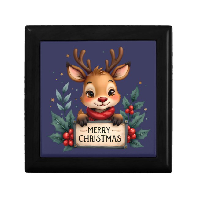 Cute Christmas Reindeer with Holly and Sign Gift Box (Front)