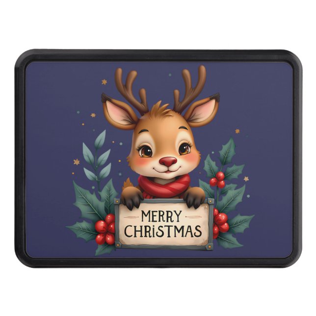 Cute Christmas Reindeer with Holly and Sign Hitch Cover (Front)