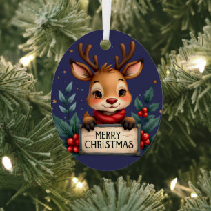 Cute Christmas Reindeer with Holly and Sign Metal Ornament