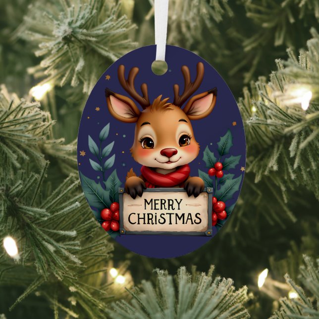 Cute Christmas Reindeer with Holly and Sign Metal Ornament (Insitu)