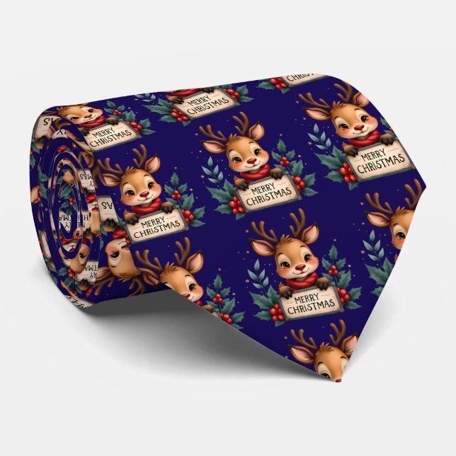 Cute Christmas Reindeer with Holly and Sign Neck Tie (Rolled)