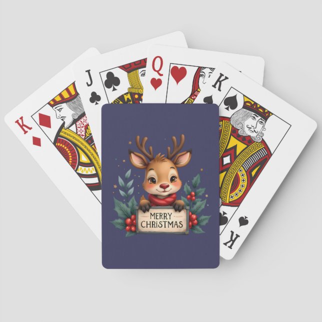 Cute Christmas Reindeer with Holly and Sign Poker Cards (Back)