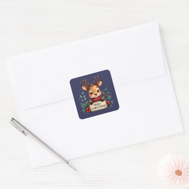 Cute Christmas Reindeer with Holly and Sign Square Sticker (Envelope)