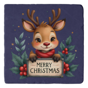 Cute Christmas Reindeer with Holly and Sign Trivet