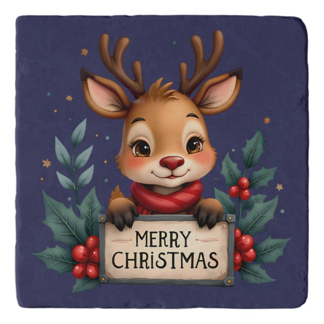 Cute Christmas Reindeer with Holly and Sign Trivet (Front)