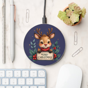 Cute Christmas Reindeer with Holly and Sign Wireless Charger