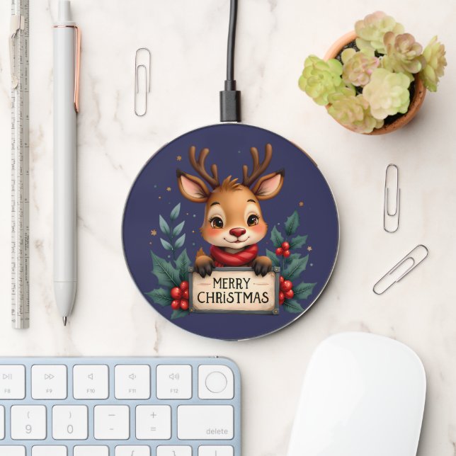 Cute Christmas Reindeer with Holly and Sign Wireless Charger (Desk)