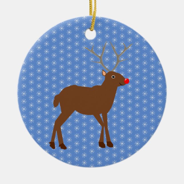 Cute Christmas Reindeer with Red Nose Custom Ceramic Ornament (Front)