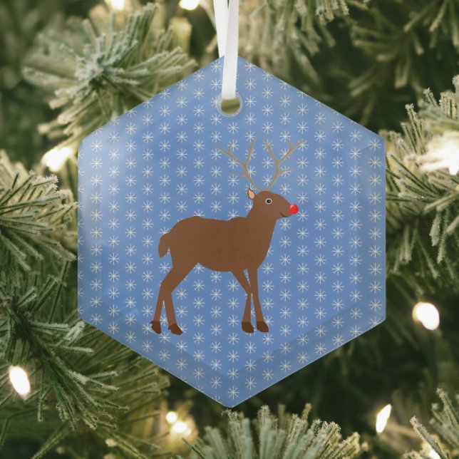 Cute Christmas Reindeer with Red Nose Glass Ornament (Insitu)