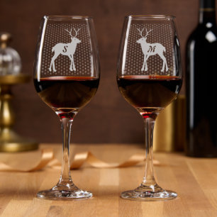 Cute Christmas Reindeer with Red Nose Monogrammed Wine Glass