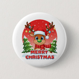 Cute Christmas Reindeer with Santa Hat Ornaments Button