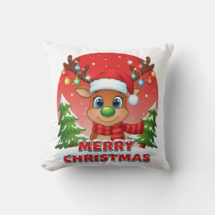 Cute Christmas Reindeer with Santa Hat Ornaments Throw Pillow