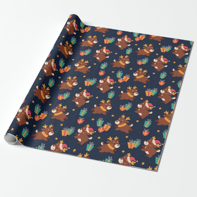 Cute Christmas Reindeer Wrapping Paper (Unrolled)